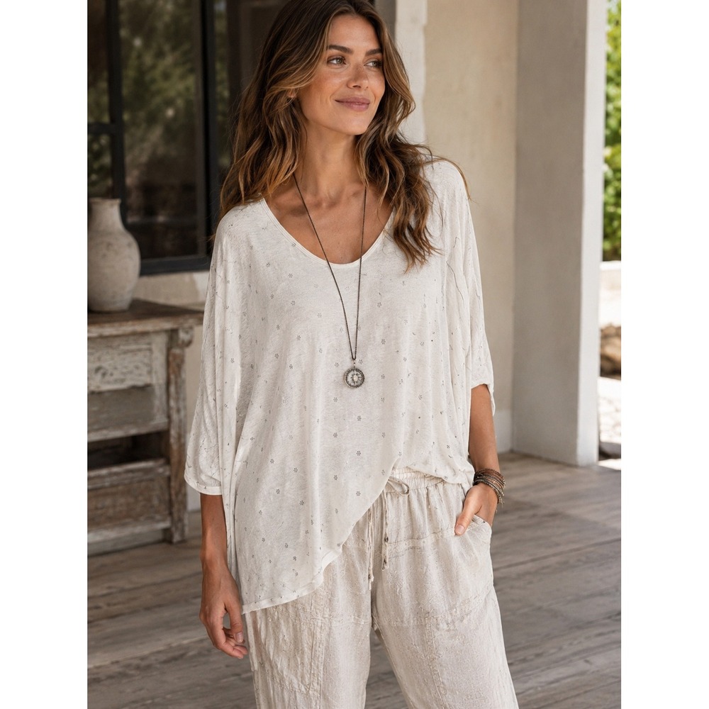 Pete & Greta Johnny Was White 100% Linen Ditsy Floral Oversized V-Neck Top- S